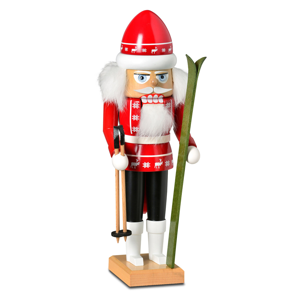 Original KWO Nussknacker Skifahrer aus Holz, 29 cm hoch, rot-weiß lackiert mit Skiern und Skistöcken.