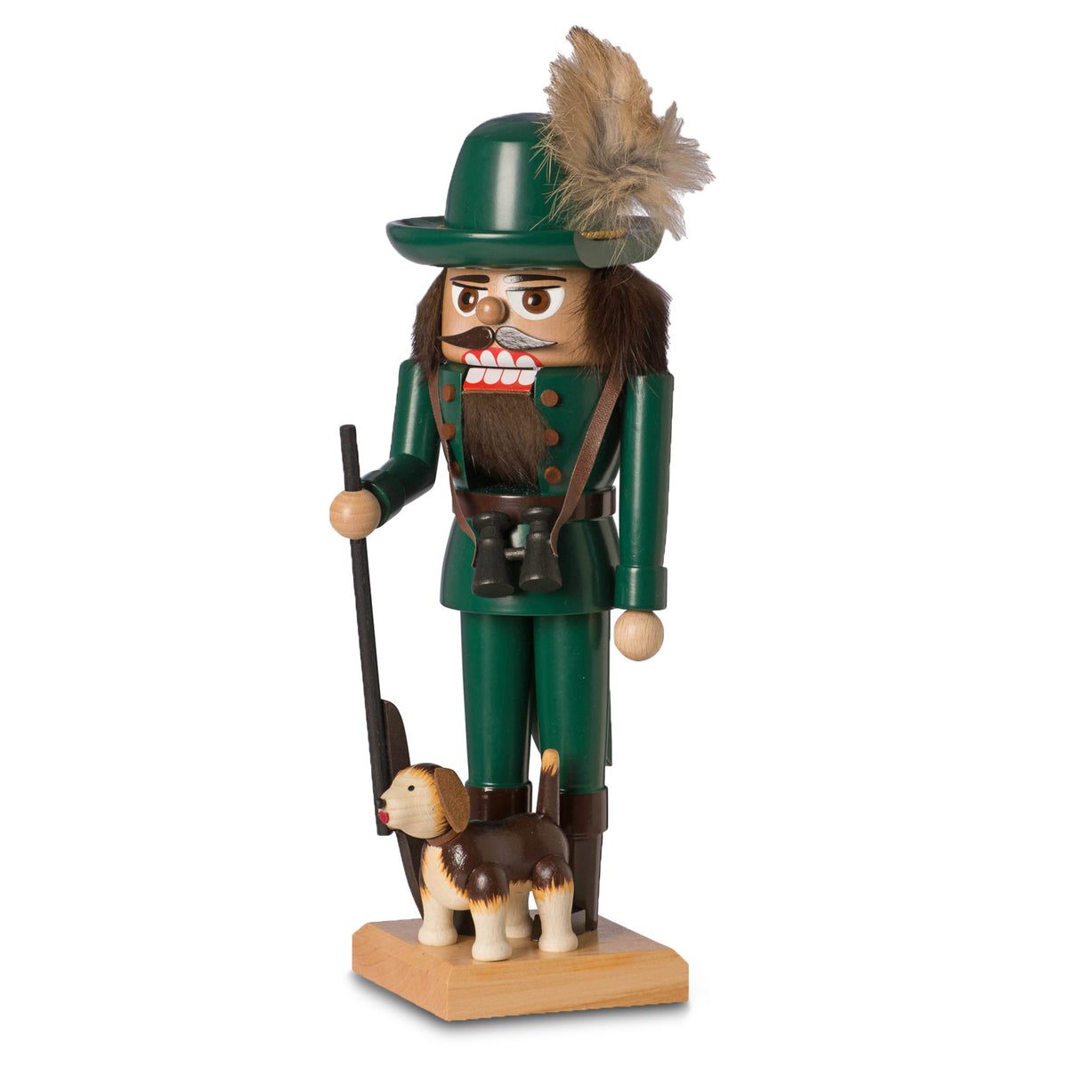 Original KWO Nussknacker Jäger in grüner Uniform mit Jagdhund, Gewehr und Fernglas – Handarbeit aus dem Erzgebirge.