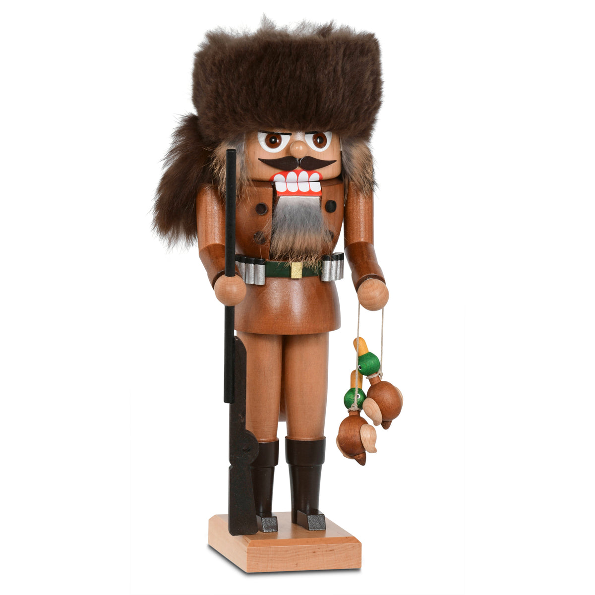 Handgefertigter KWO Nussknacker Entenjäger aus Holz, 26 cm hoch, mit brauner Pelzmütze, Gewehr und hängenden Enten als Jagdbeute, Original Erzgebirge Handarbeit.