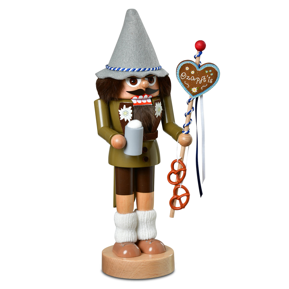 KWO Nussknacker Bayer Oktoberfest Art. 19367 aus Holz, 30 cm groß, in traditioneller Tracht mit Filzhut, Lederhose, Bierkrug und einem Lebkuchenherz mit der Aufschrift O'zapft is.
