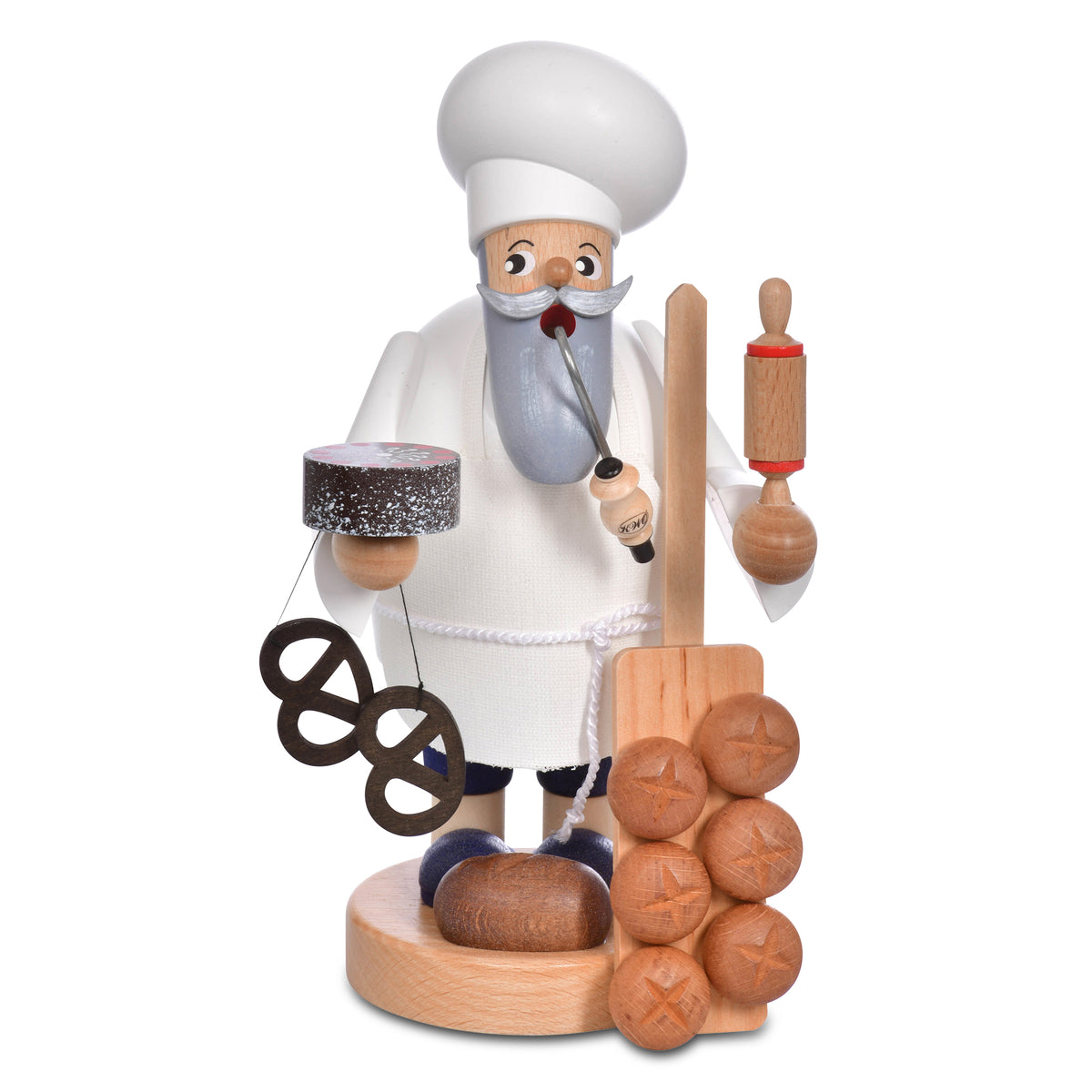Räuchermann Bäcker Art. 21003 Serie Die Bärtigen, 21 cm hoch, mit Bäckermütze, Nudelholz und Backblech mit Broten, Handarbeit aus dem Erzgebirge.