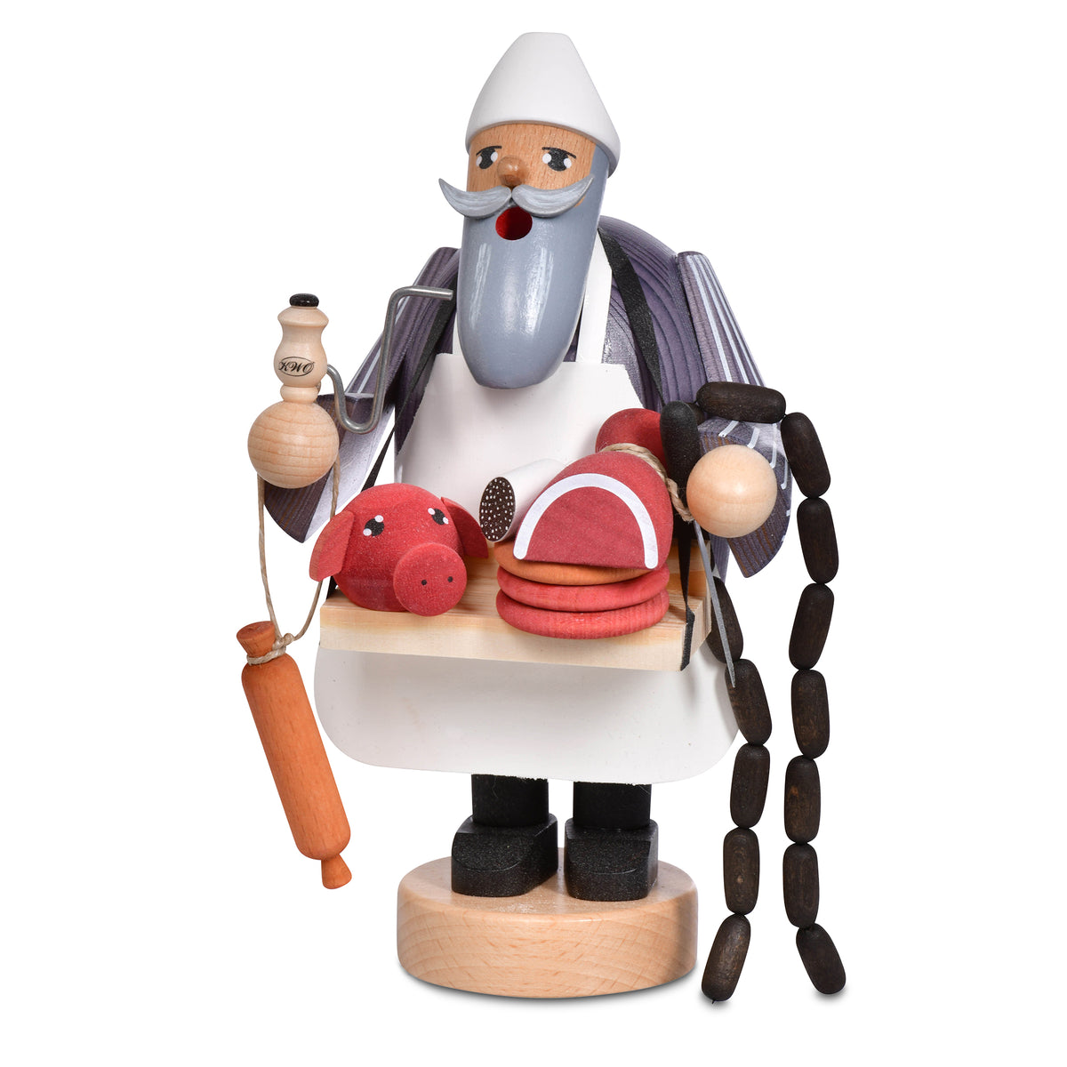 Räuchermann Fleischverkäufer Art. 21009 Serie Die Bärtigen, 19 cm hoch, mit Bauchladen und Wurstkette, Handarbeit aus dem Erzgebirge.