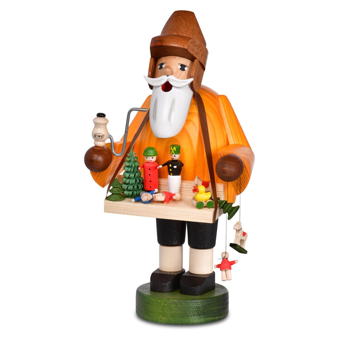 KWO Räuchermann Spielzeughändler aus der Serie Die Bärtigen, 18 cm groß, handgefertigt aus gebeiztem Holz mit detailreichem Bauchladen voller Spielzeug und Pferdchen in der Hand.