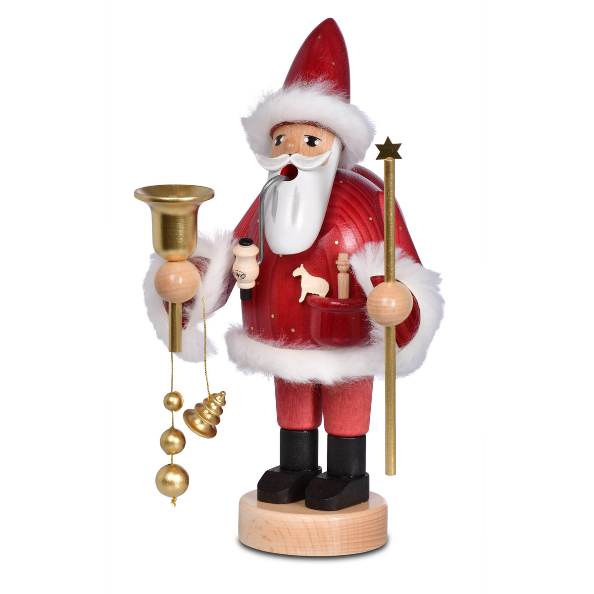 KWO Räuchermann Santa Claus rot 18 cm aus der Serie Die Bärtigen mit goldener Glocke, originale erzgebirgische Handarbeit aus Holz