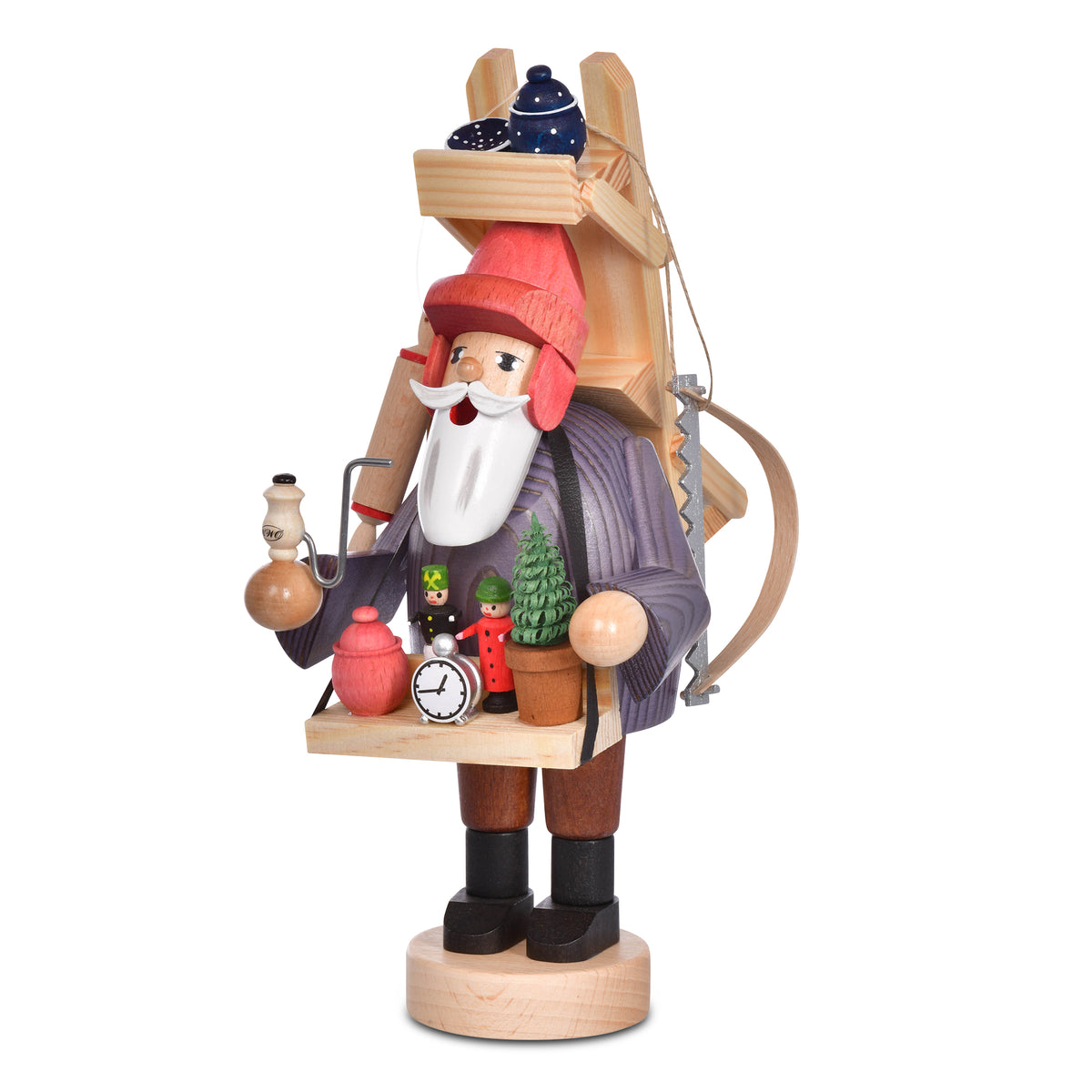 Original KWO Räuchermann Hausierer 21066 aus der Serie Die Bärtigen, 23 cm große Holz-Räucherfigur aus dem Erzgebirge mit Bauchladen und Kiepe.
