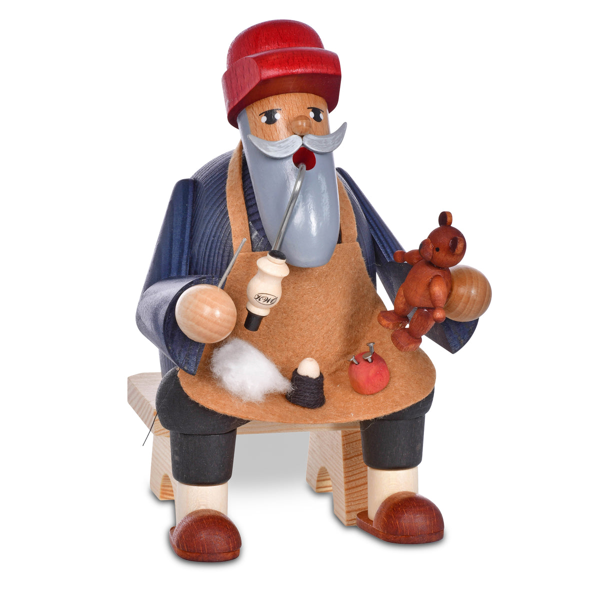 KWO Räuchermann Teddymacher 21130 aus der Serie Die Bärtigen, sitzende Holzfigur aus dem Erzgebirge mit Teddybär und Pfeife