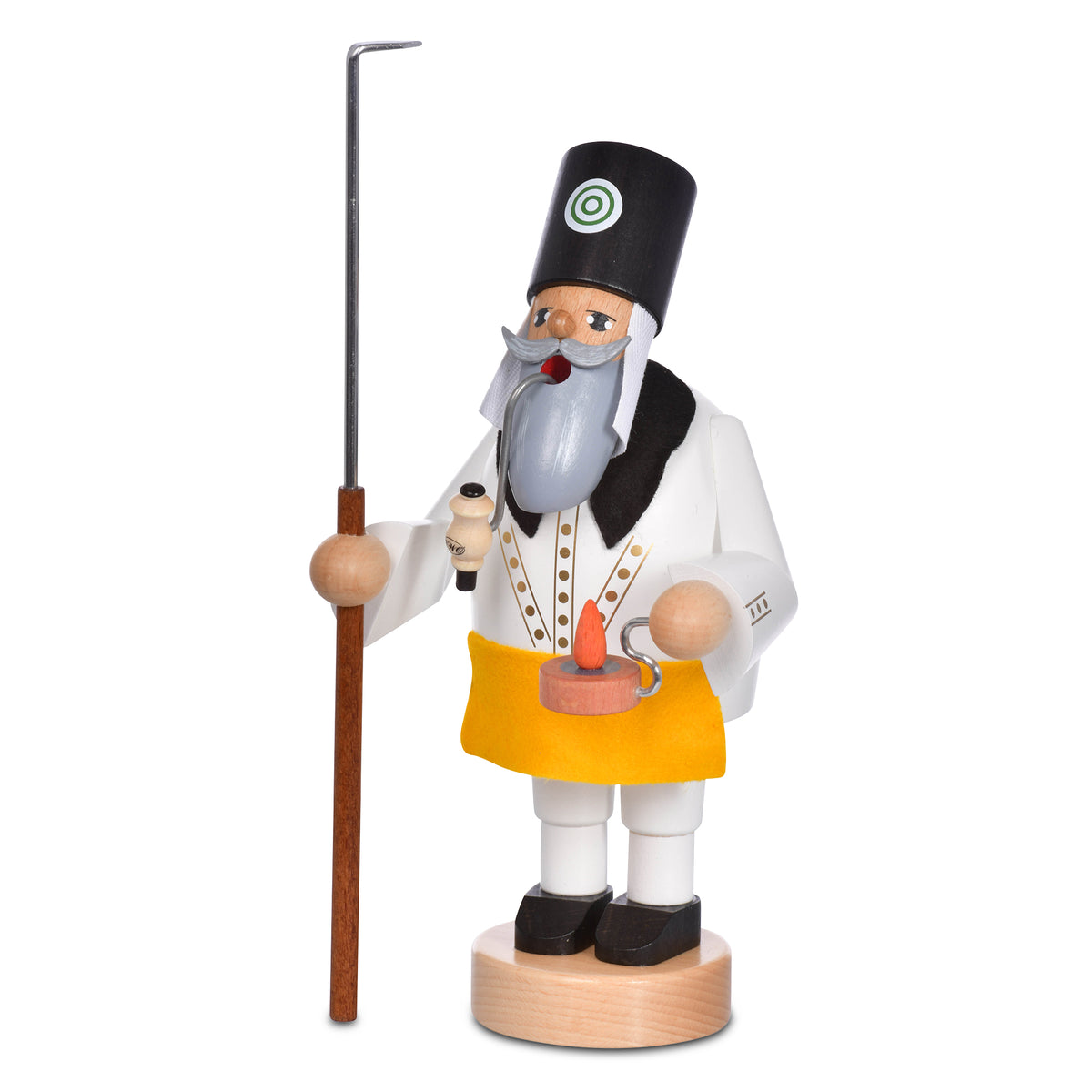 KWO Räuchermann Schwefelhüttenarbeiter 21134 aus der Serie Die Bärtigen, original erzgebirgische Volkskunst aus Olbernhau mit historischen Werkzeugen und grauem Bart.