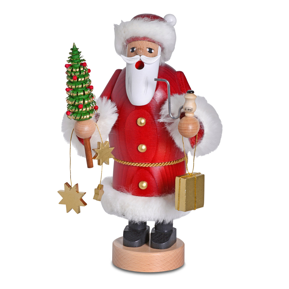 Traditioneller KWO Räuchermann Weihnachtsmann aus der Serie Die Bärtigen mit rotem Mantel, langem weißen Bart aus dem Erzgebirge.