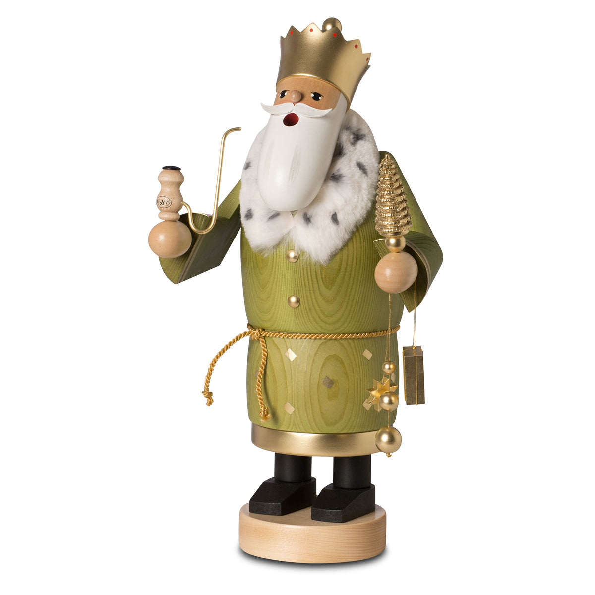 KWO Räuchermann Balthasar groß 42 cm aus der Serie Die Bärtigen mit grüner Robe, goldener Krone und Pfeife – original erzgebirgische Holzkunst.