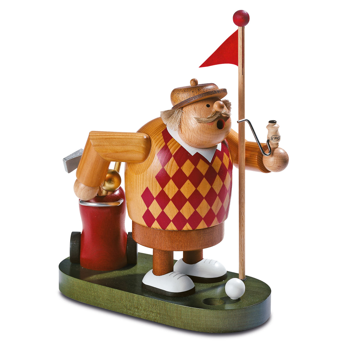 KWO Räuchermann Golfer aus der Serie Die Dicken (Art. 21593) aus Holz gefertigt im Erzgebirge mit Golfbag und roter Fahne