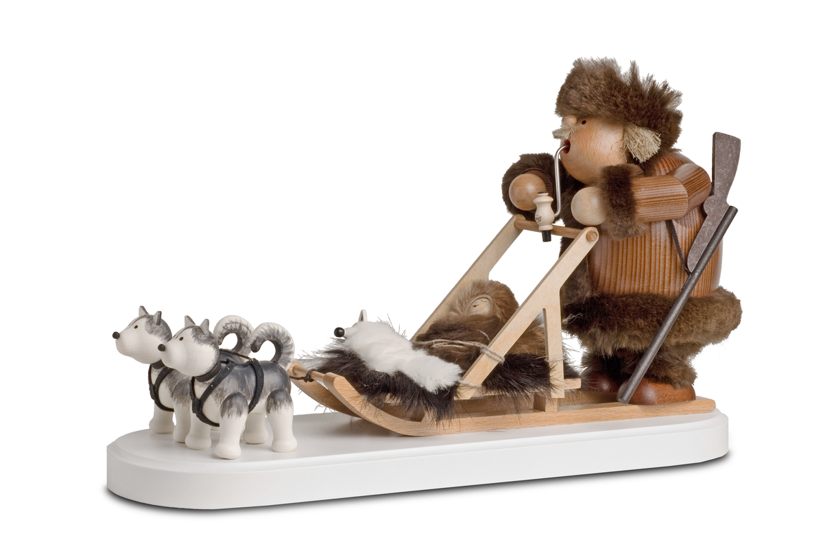 KWO Räuchermann Eskimo mit Hundeschlitten und zwei Huskys Serie Die Dicken Art 21653 Erzgebirge Holzfigur