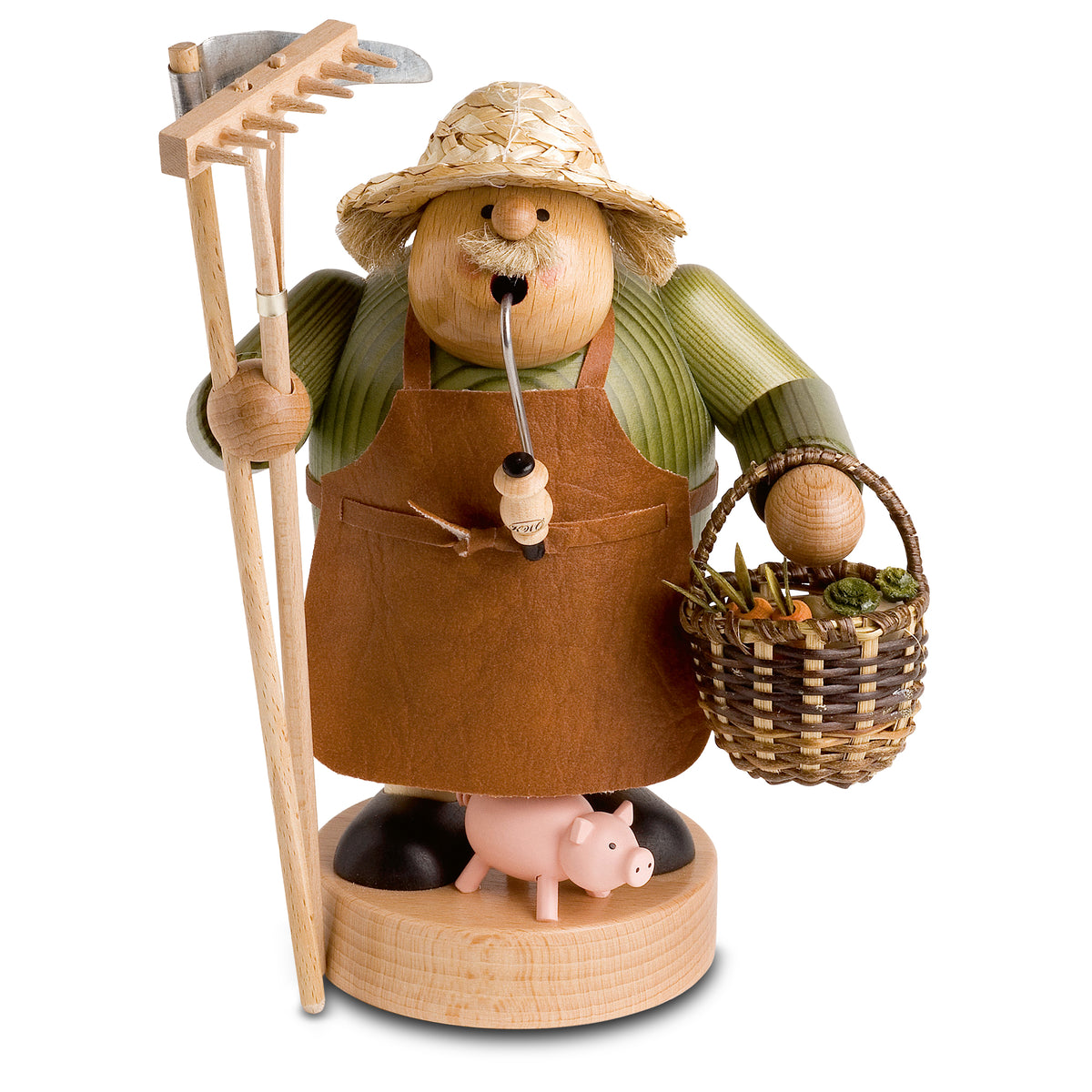 KWO Räuchermann Bauer aus der Serie Die Dicken Art. 21684 mit Harke Korb und Schwein