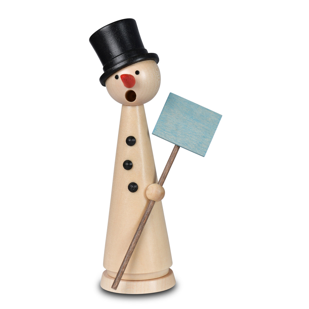 KWO Räuchermann Schneemann Herbert natur (15 cm) aus naturbelassenem Holz mit schwarzem Zylinder, roter Nase und blauem Schild, handgefertigt im Erzgebirge.