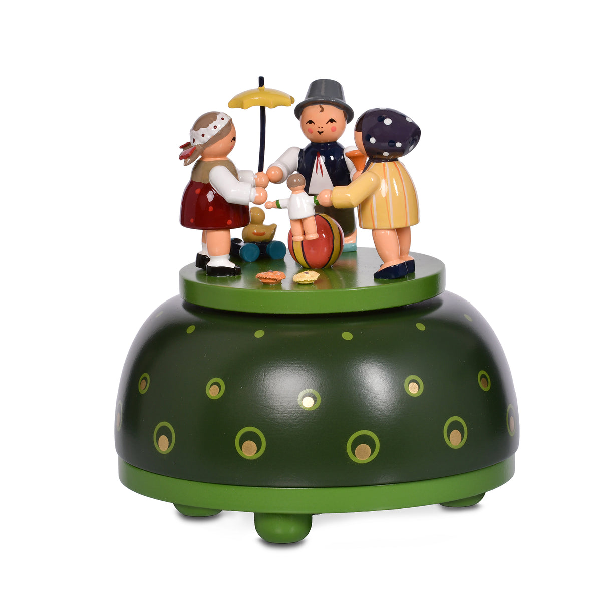KWO Spieldose Kinderreigen aus Holz mit sich drehenden Kinderfiguren, traditionelles Design aus dem Erzgebirge, 11,5 cm Höhe.