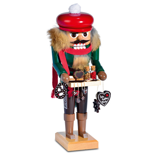 KWO Nussknacker Lebkuchenhändler 19330 aus Holz mit Bauchladen, Lebkuchenherz und roter Mütze – Original Erzgebirge Handarbeit