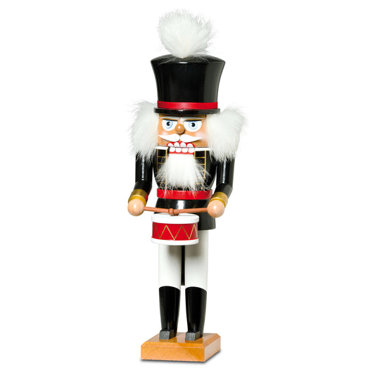 Original KWO Olbernhau Nussknacker als Trommler in schwarz-roter Uniform, 32 cm hoch, echte erzgebirgische Holzkunst.