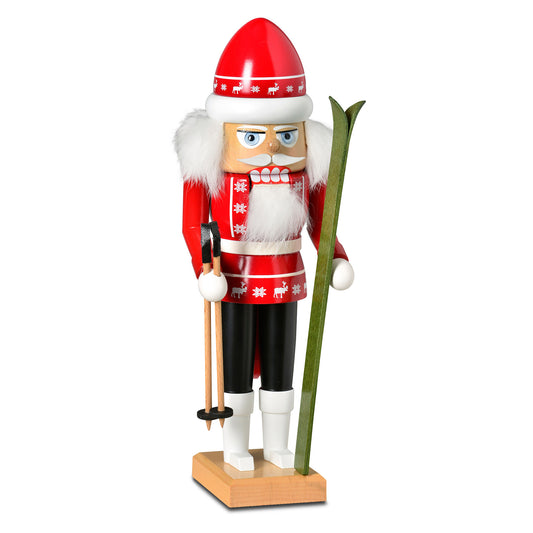 Original KWO Nussknacker Skifahrer aus Holz, 29 cm hoch, rot-weiß lackiert mit Skiern und Skistöcken.