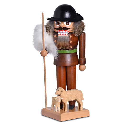 KWO Nussknacker Schäfer aus Holz mit zwei Schafen und Hirtenstab, braune Tracht, 25,5 cm hoch, KWO Olbernhau Volkskunst.
