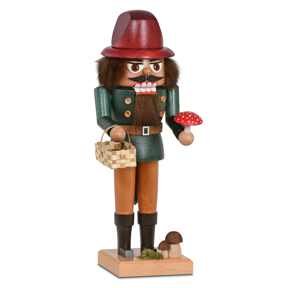 KWO Nussknacker Pilzsammler Art. 19362 aus Holz, mit Körbchen und Fliegenpilz, originale Handarbeit aus dem Erzgebirge.