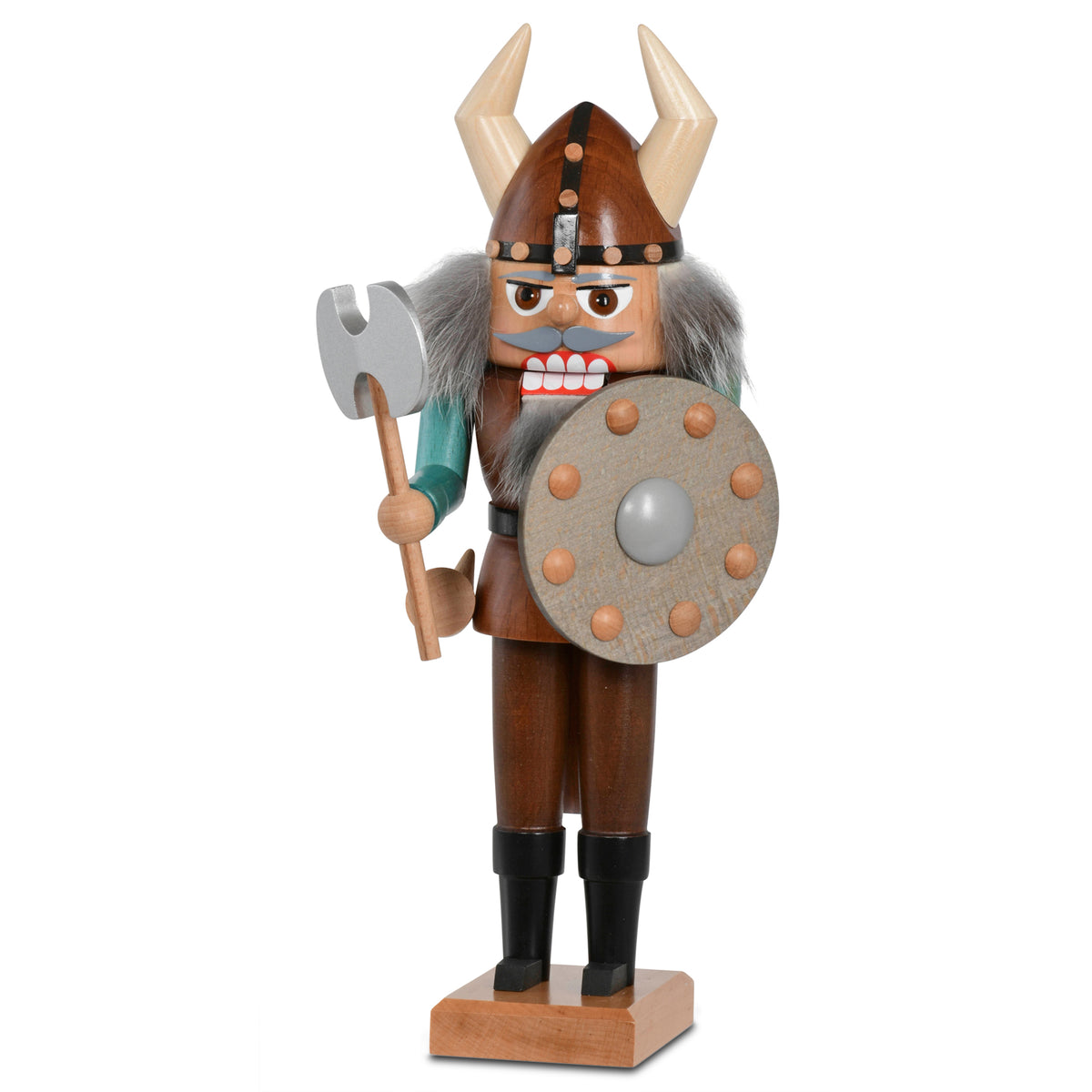 Original KWO Nussknacker Wikinger, 29 cm groß, handgefertigt im Erzgebirge, mit Hörnerhelm, Doppelaxt und Rundschild