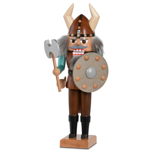 Original KWO Nussknacker Wikinger, 29 cm groß, handgefertigt im Erzgebirge, mit Hörnerhelm, Doppelaxt und Rundschild