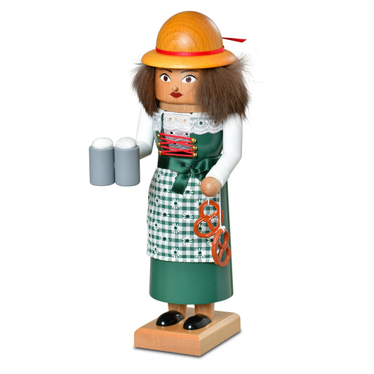 Original KWO Nussknacker Wirtin (Artikel 19366) aus dem Erzgebirge, 27 cm große Holzfigur in grünem Dirndl mit Schürze, Hut, zwei Bierkrügen und Brezeln aus traditioneller Handarbeit.