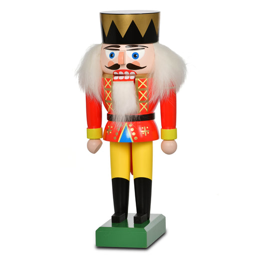 Original KWO Nussknacker König, Artikel 20030, 19 cm hoch, bunt lackiert mit roter Uniform, gelber Hose, schwarzem Bart und gold-schwarzer Krone, handgefertigt im Erzgebirge.