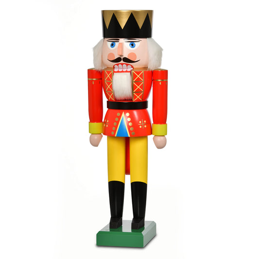 Traditioneller hölzerner Nussknacker König von KWO Olbernhau, Artikel 20033. Die 35 cm große Holzfigur trägt eine rote Uniform mit goldenen Details, eine gelbe Hose, schwarze Stiefel und eine markante gold-schwarze Krone. Gefertigt in echter Erzgebirge-Handarbeit.
