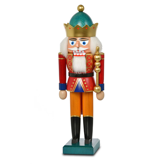 Original KWO Nussknacker König (Artikel 20034) aus dem Erzgebirge, 29 cm hoch, bunt lackiert mit goldener Krone, Zepter und weißem Bart.