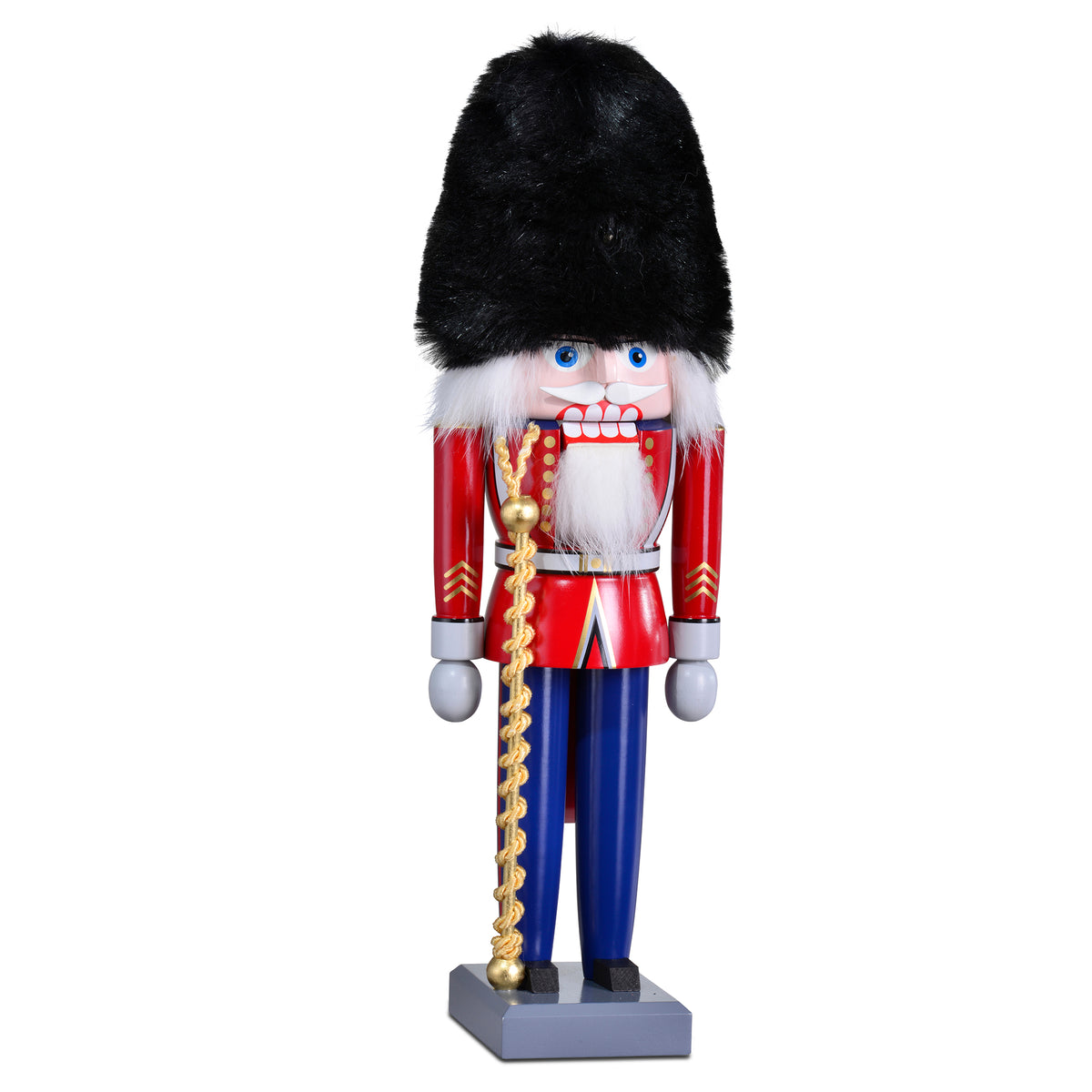 Ein hölzerner KWO Nussknacker „Britischer Tambourmajor“ (32 cm) aus dem Erzgebirge mit roter Uniform, blauer Hose, goldener Kordel und einer großen, schwarzen Fellmütze.