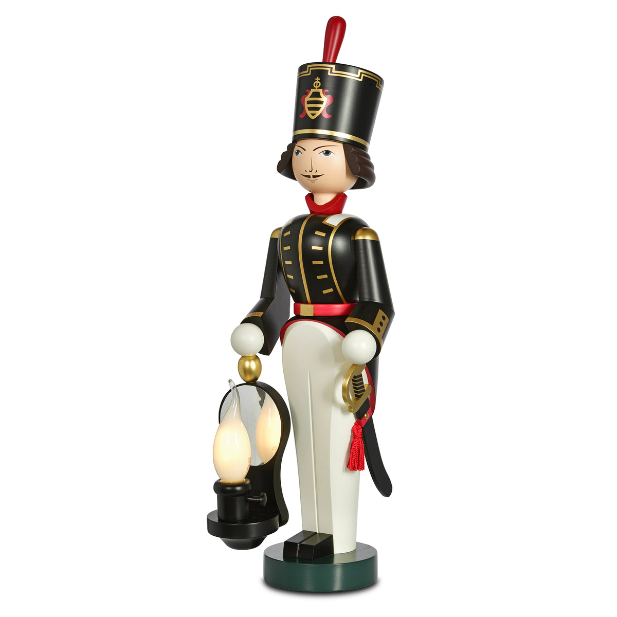Handgefertigter Lichterbergmann von KWO Olbernhau aus Holz mit lackierter Uniform und elektrischer Laterne