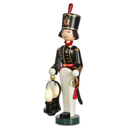 Handgefertigter Lichterbergmann von KWO Olbernhau aus Holz mit lackierter Uniform und elektrischer Laterne