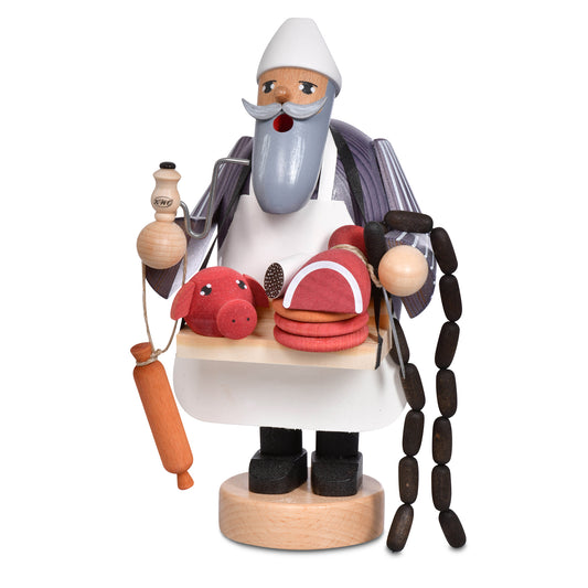 Räuchermann Fleischverkäufer Art. 21009 Serie Die Bärtigen, 19 cm hoch, mit Bauchladen und Wurstkette, Handarbeit aus dem Erzgebirge. 