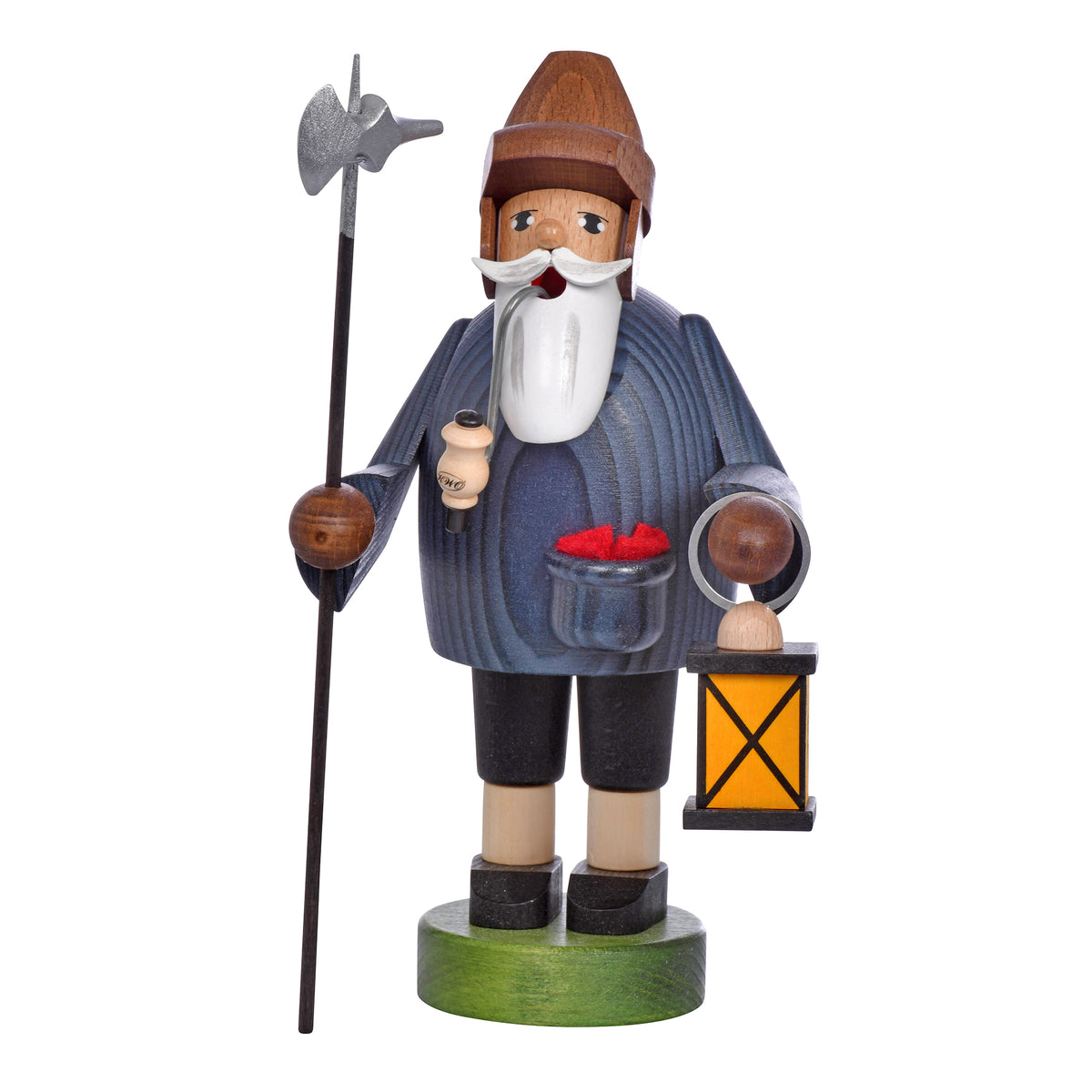 Original KWO Räuchermann Nachtwächter (Art. 21022) aus der Serie „Die Bärtigen“. Traditionelle erzgebirgische Holzfigur in Wachuniform mit weißem Bart, Pfeife, Hellebarde und gelber Laterne.