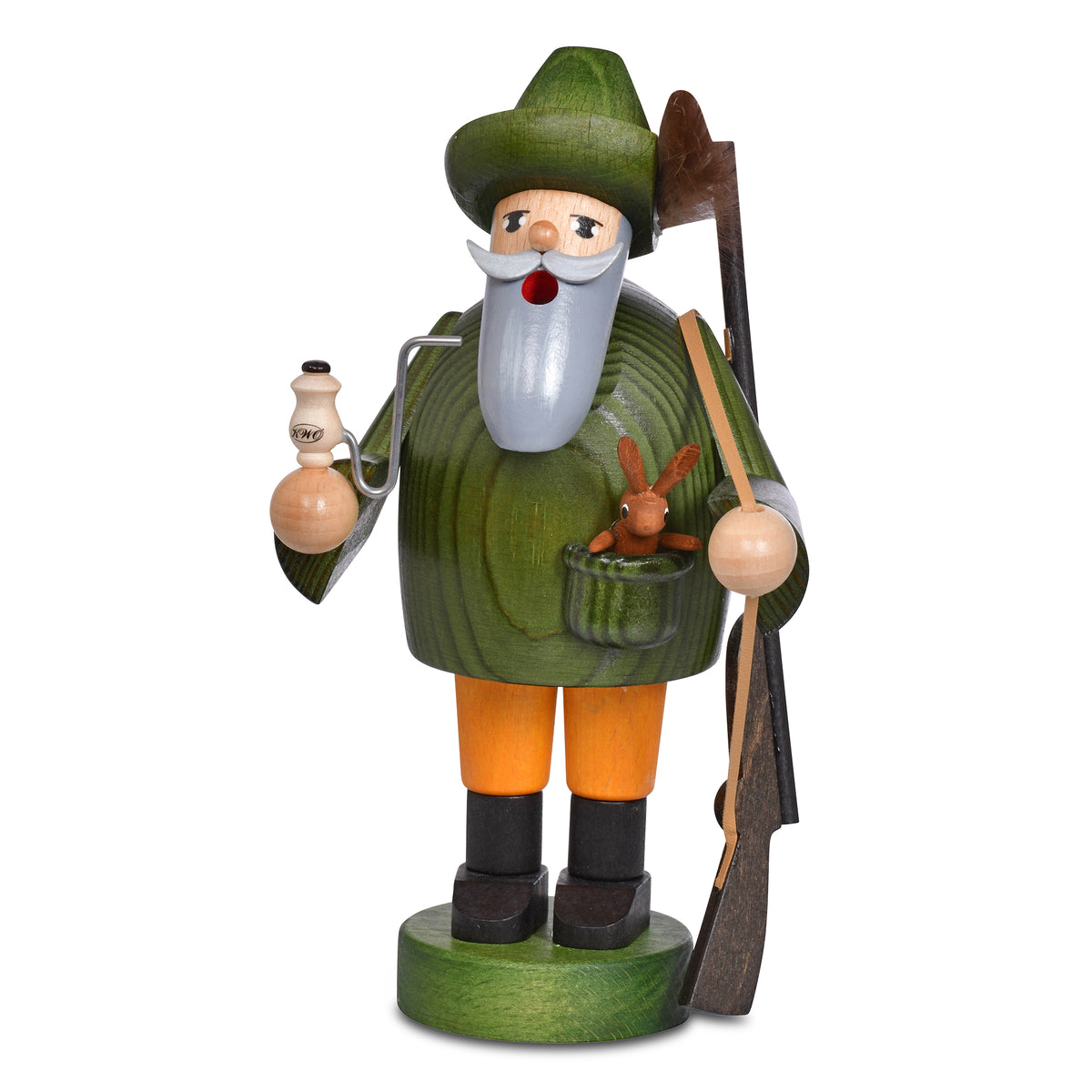 Original KWO Räuchermann Förster aus Holz mit grünem Mantel, Hut, Gewehr, Pfeife und einem kleinen Hasen in der Tasche, Serie Die Bärtigen.