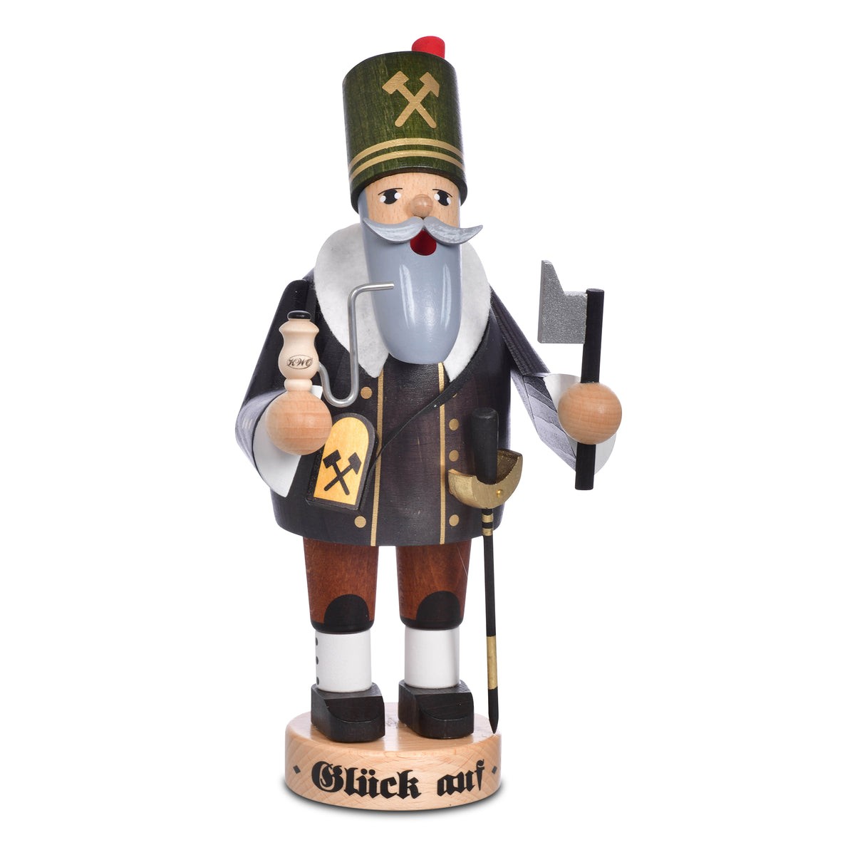 Original KWO Räuchermann Bergmann aus Holz mit Axt, Pfeife und grünem Schachthut, Serie Die Bärtigen, 20 cm, traditionelle Erzgebirge Volkskunst mit Glück Auf Sockel.
