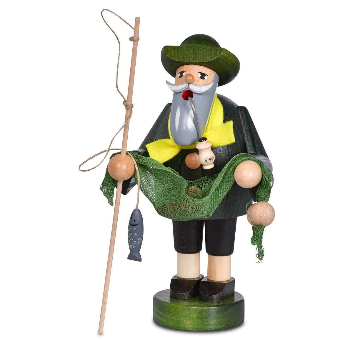 Räuchermann Fischer Art. 21042 Serie Die Bärtigen, 20 cm hoch, mit Angelrute, Fisch und grünem Netz, Handarbeit aus dem Erzgebirge von KWO 