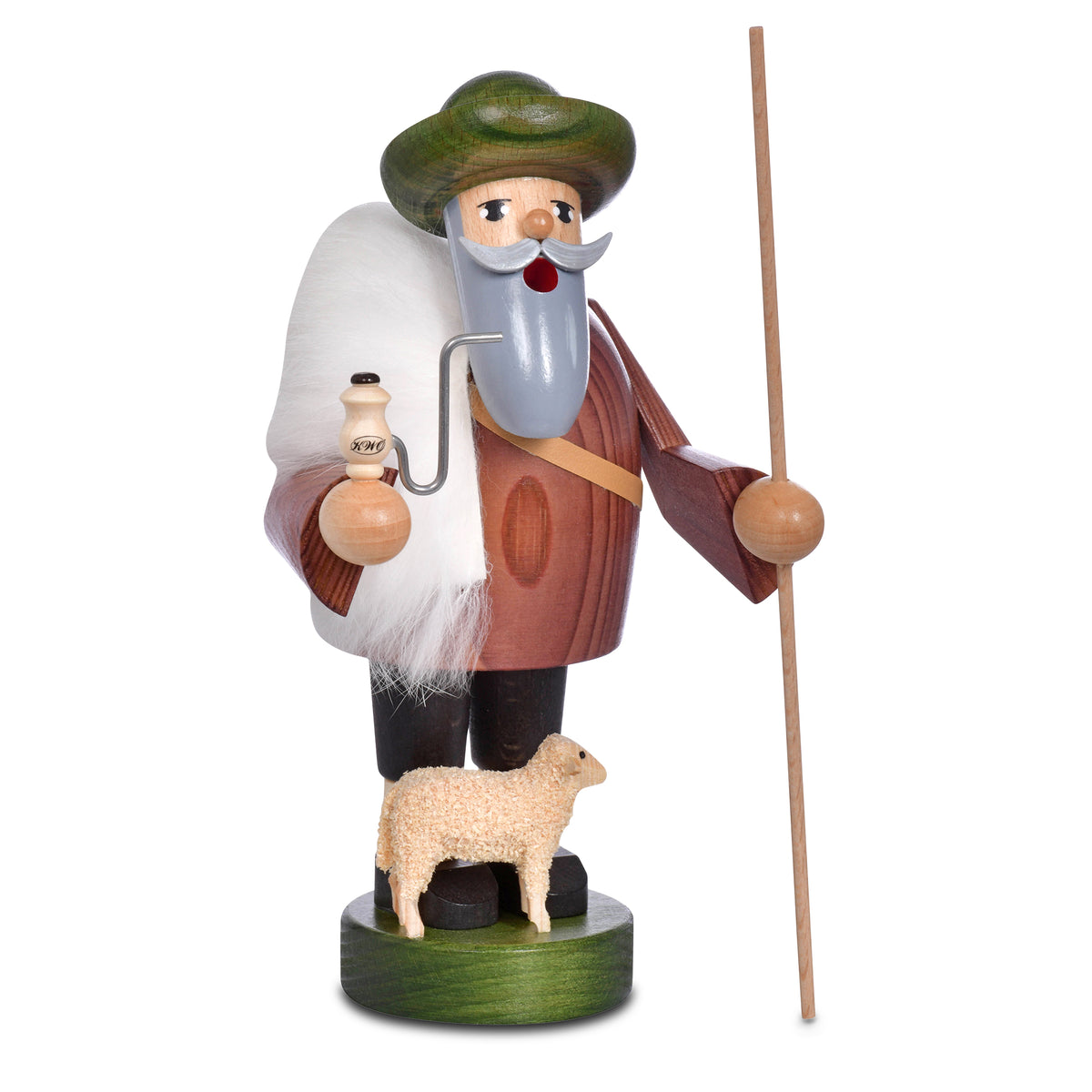 Original KWO Räuchermann Schäfer 21045 aus der Serie Die Bärtigen, traditionelle erzgebirgische Handwerkskunst aus Holz mit Hirtenstab und kleinem Schaf.