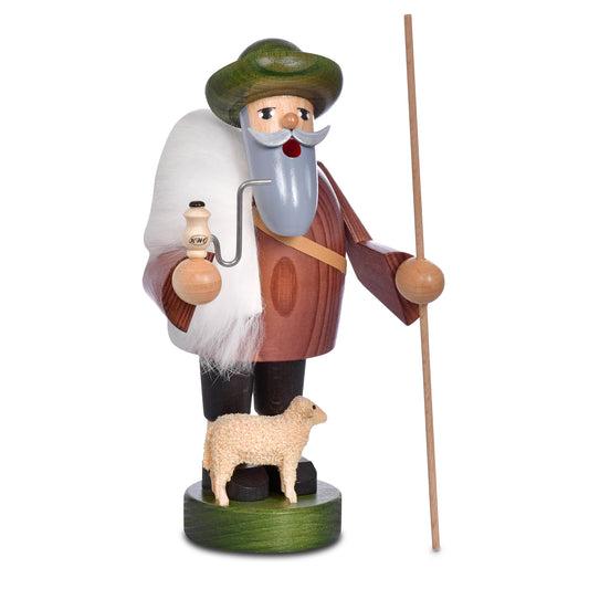 Original KWO Räuchermann Schäfer 21045 aus der Serie Die Bärtigen, traditionelle erzgebirgische Handwerkskunst aus Holz mit Hirtenstab und kleinem Schaf.