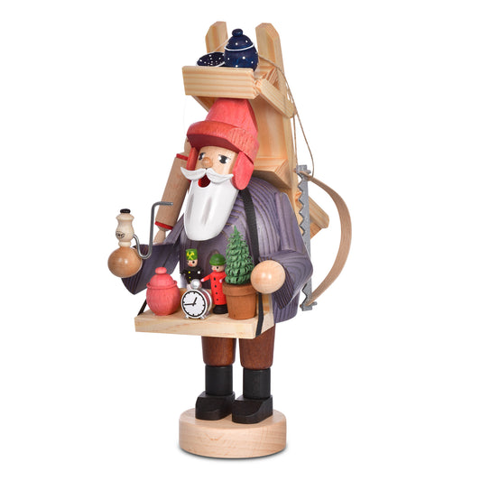 Original KWO Räuchermann Hausierer 21066 aus der Serie Die Bärtigen, 23 cm große Holz-Räucherfigur aus dem Erzgebirge mit Bauchladen und Kiepe.