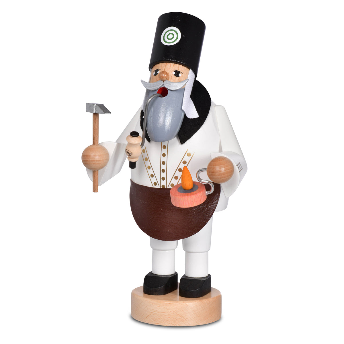 Erzgebirgischer Räuchermann Bergmaurer von KWO Olbernhau mit grauem Bart, Schachthut und Bergmannslampe, traditionell aus Holz gefertigt.
