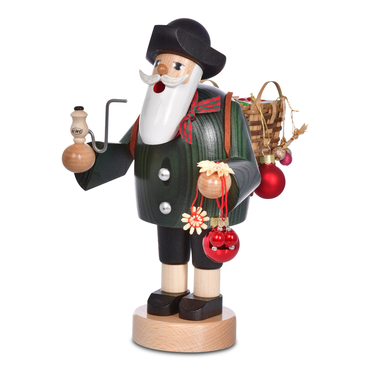 KWO Räuchermann Thüringer Hausierer (Art. 21135) aus der Serie Die Bärtigen – Holzfigur in traditioneller Erzgebirge-Handarbeit mit Pfeife, Strohsternen und Tragekorb voller Weihnachtsschmuck.