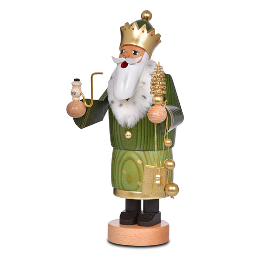 KWO Räuchermann Balthasar Heilige Drei Könige aus der Serie Die Bärtigen, Artikel 21162, grünes Gewand gebeizt mit Goldkrone, Myrrhe und Pfeife, original Erzgebirge Kunsthandwerk aus Olbernhau.