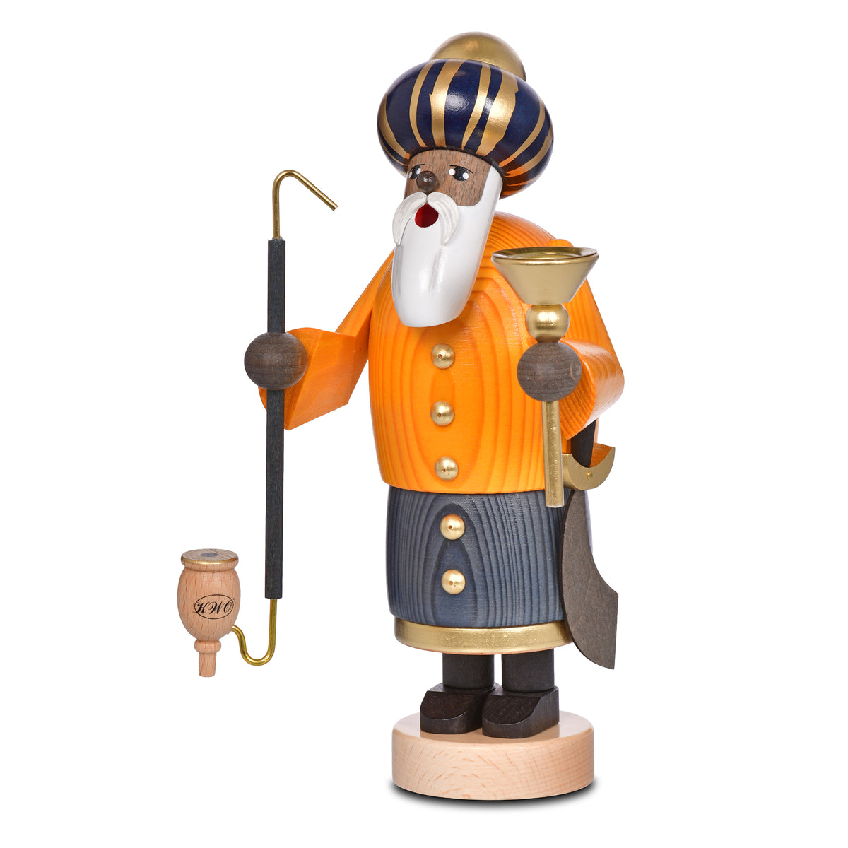 KWO Räuchermann König Melchior (Art. 21163) aus der Serie Die Bärtigen – original erzgebirgische Räucherfigur aus Holz mit Turban, Pfeife und goldenem Kelch