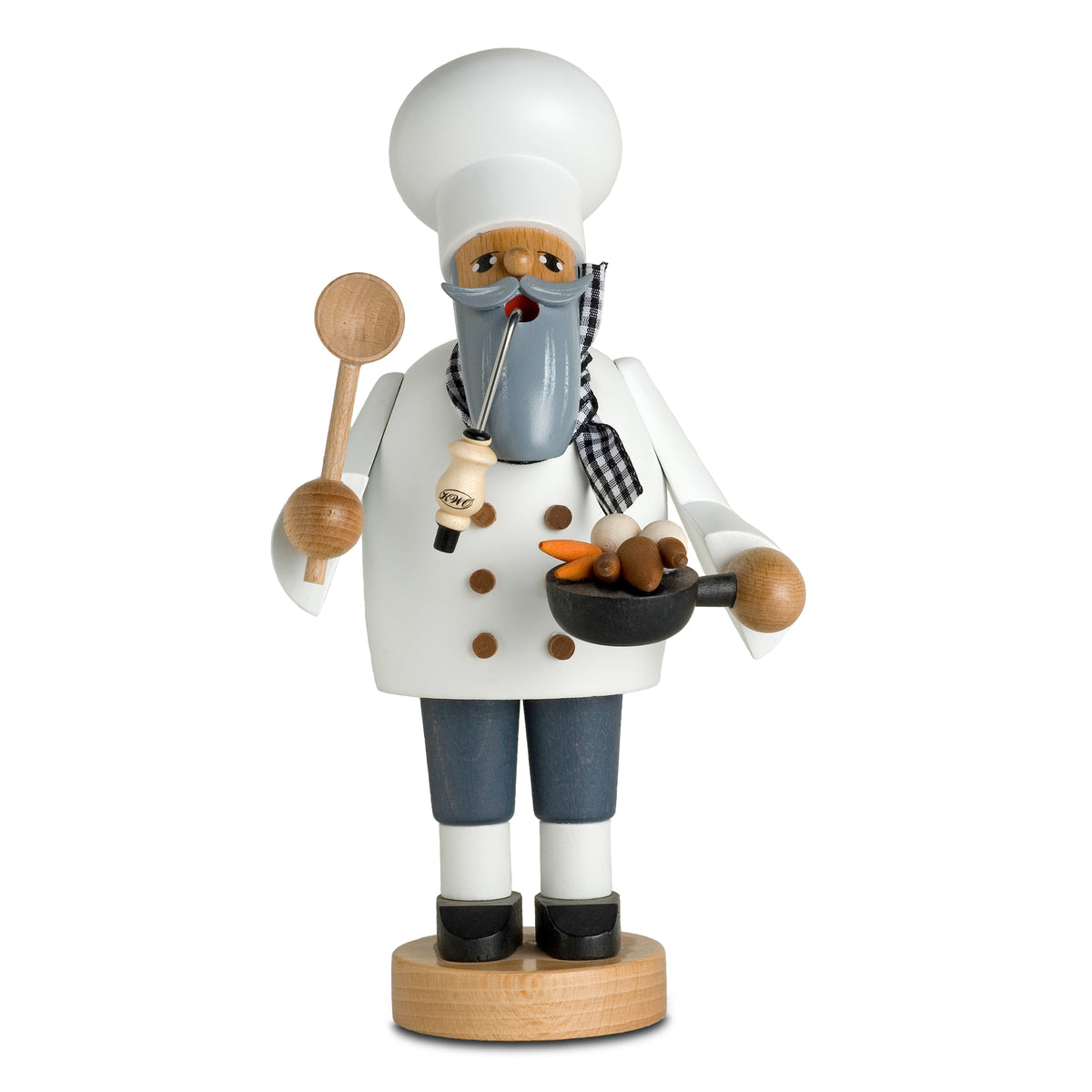 KWO Räuchermann Koch aus der Serie Die Bärtigen (Art. 21171), weiß lackierte Holzfigur aus dem Erzgebirge mit Kochlöffel und Pfanne.
