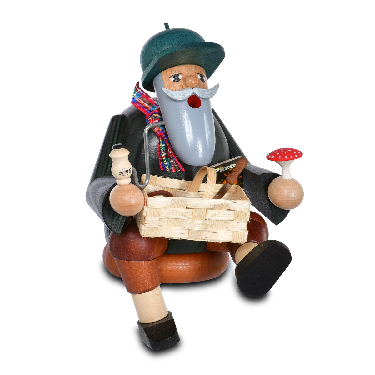 Räuchermann Kantenhocker Pilzsucher, 14 cm von KWO, Serie Die Bärtigen, Art. 21175, Ansicht 2