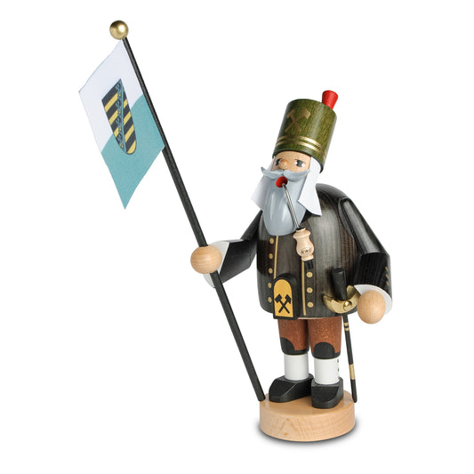 KWO Räuchermann Bergmann mit Fahne aus der Serie Die Bärtigen Artikel 21176, originale Erzgebirge Volkskunst aus Holz handgefertigt.