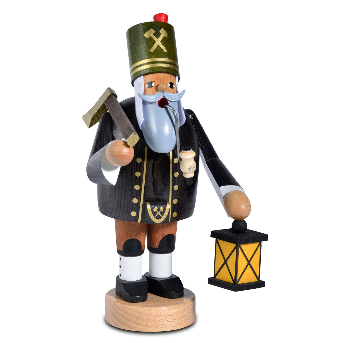 Original KWO Räuchermann Bergmann mit Lampe und Axt aus der Serie Die Bärtigen (Art. 21182) – 20cm große erzgebirgische Volkskunst aus Holz, schwarz gebeizt mit grünem Steigerhut.