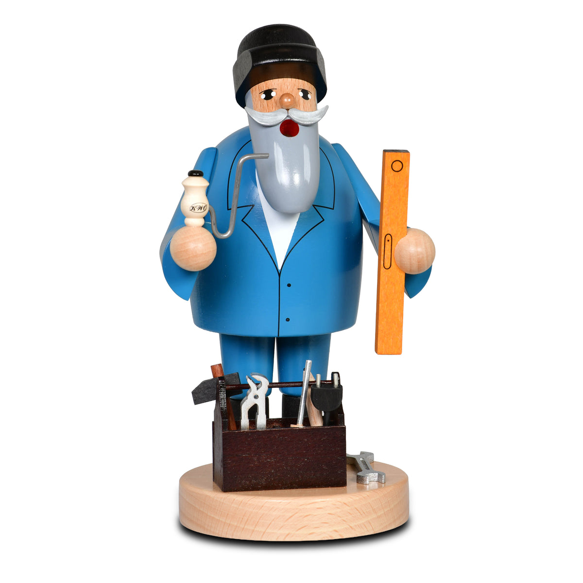 KWO Räuchermann Handwerker aus der Serie Die Bärtigen mit blauem Arbeitsanzug, Wasserwaage und Werkzeugkasten, erzgebirgische Volkskunst Art. 21189