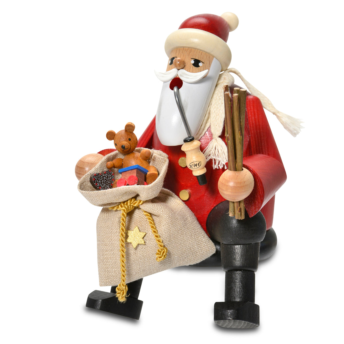 KWO Räuchermann Kantenhocker Weihnachtsmann Art. 21190 aus der Serie Die Bärtigen sitzend mit Geschenksack originale erzgebirgische Volkskunst aus Holz.